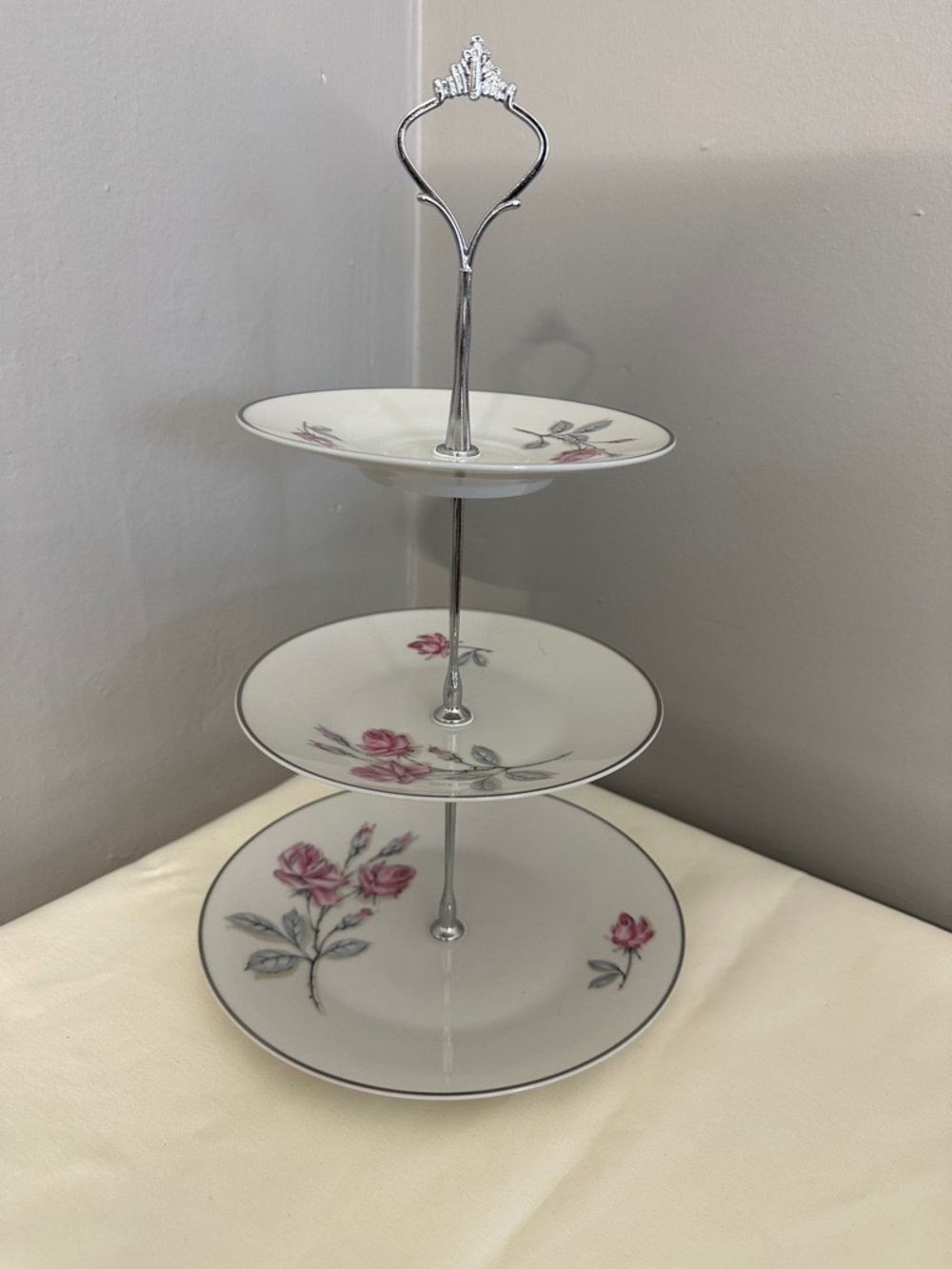 Porcelain/China 3-Tier Stand with Pink Rose Accents Handmade 14” Tall